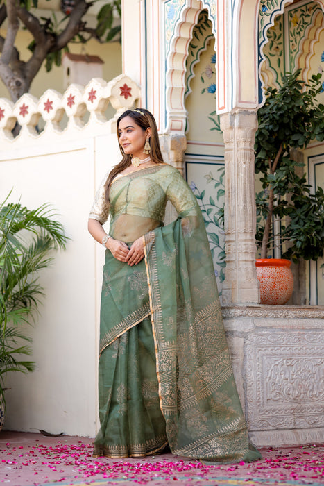 Golden Veil Organza Saree (Foil work Organza Green and Golden Saree)