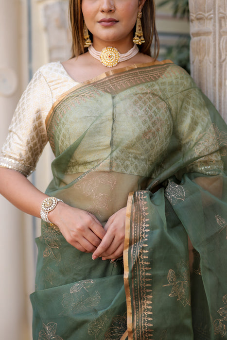 Golden Veil Organza Saree (Foil work Organza Green and Golden Saree)