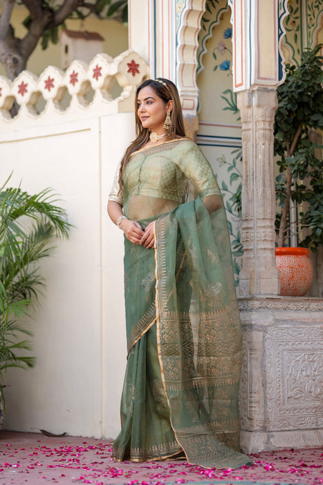 Golden Veil Organza Saree (Foil work Organza Green and Golden Saree)