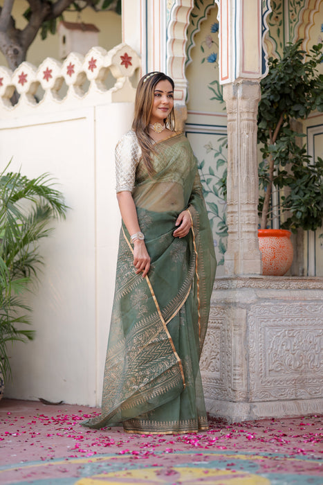 Golden Veil Organza Saree (Foil work Organza Green and Golden Saree)