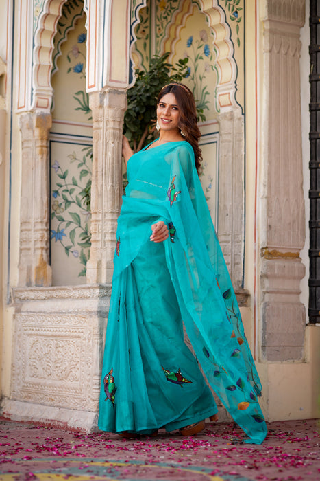 Emerald Elegance Organza Saree (Handpainted Bottle Green Organza Handwork saree)