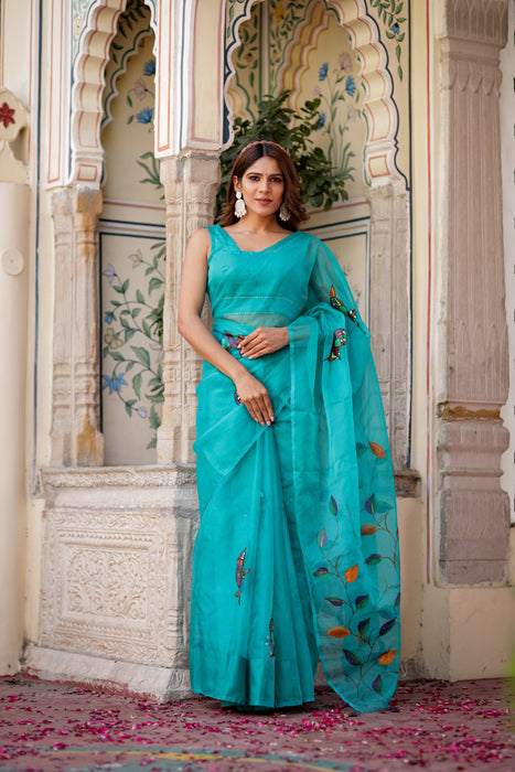 Emerald Elegance Organza Saree (Handpainted Bottle Green Organza Handwork saree)