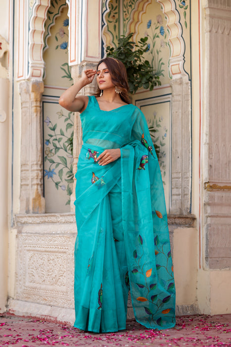 Emerald Elegance Organza Saree (Handpainted Bottle Green Organza Handwork saree)