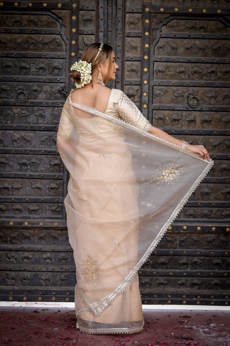 Beige Symphony Elegance Saree (Hand Embroidered Beige Organza Saree)