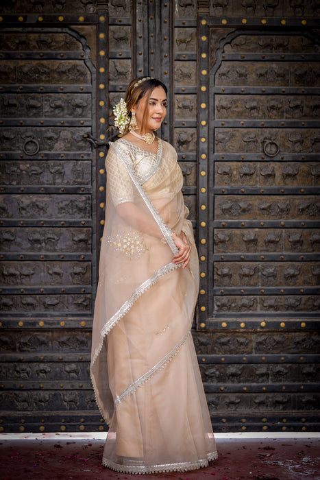 Beige Symphony Elegance Saree (Hand Embroidered Beige Organza Saree)