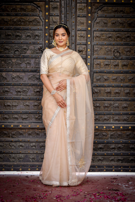 Beige Symphony Elegance Saree (Hand Embroidered Beige Organza Saree)