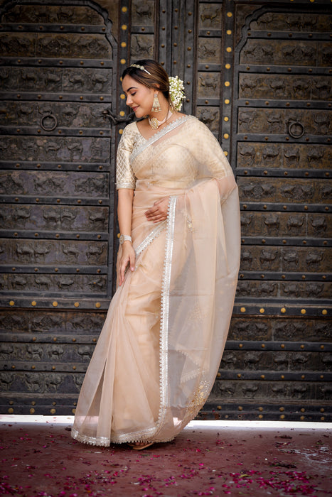 Beige Symphony Elegance Saree (Hand Embroidered Beige Organza Saree)