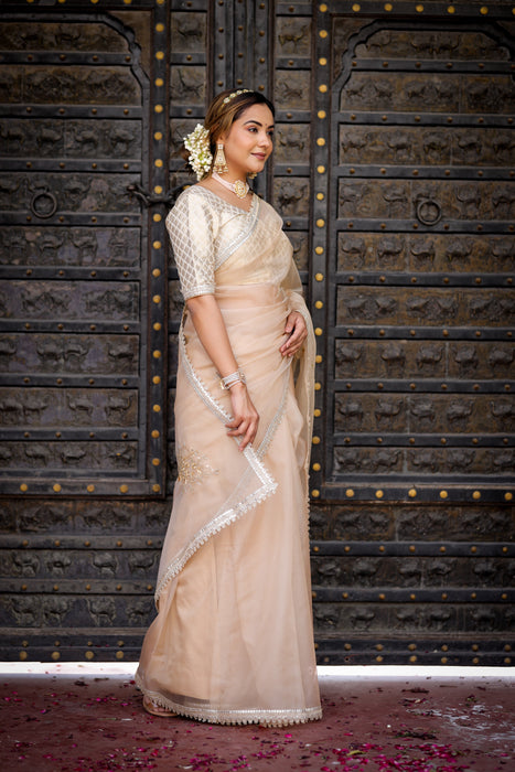 Beige Symphony Elegance Saree (Hand Embroidered Beige Organza Saree)