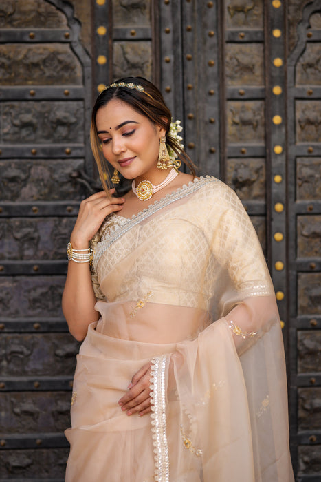 Beige Symphony Elegance Saree (Hand Embroidered Beige Organza Saree)