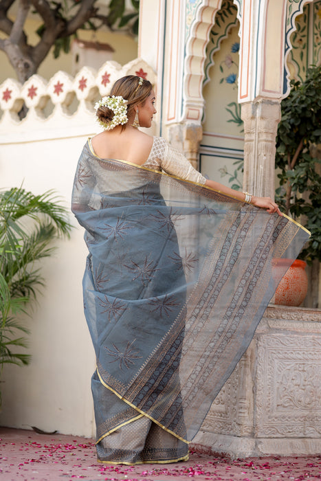 Radiant Foil Blossom Organza Saree (Golden Foil Printed Grey Organza Zari Border Saree)