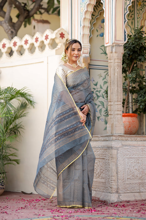 Radiant Foil Blossom Organza Saree (Golden Foil Printed Grey Organza Zari Border Saree)