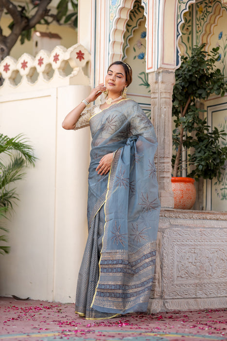 Radiant Foil Blossom Organza Saree (Golden Foil Printed Grey Organza Zari Border Saree)