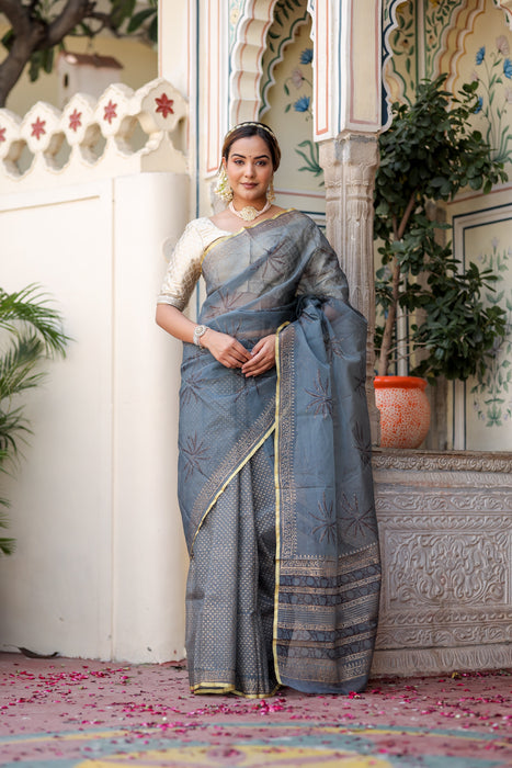 Radiant Foil Blossom Organza Saree (Golden Foil Printed Grey Organza Zari Border Saree)