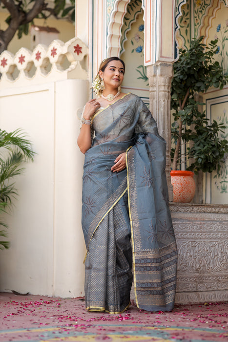 Radiant Foil Blossom Organza Saree (Golden Foil Printed Grey Organza Zari Border Saree)