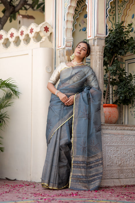 Radiant Foil Blossom Organza Saree (Golden Foil Printed Grey Organza Zari Border Saree)