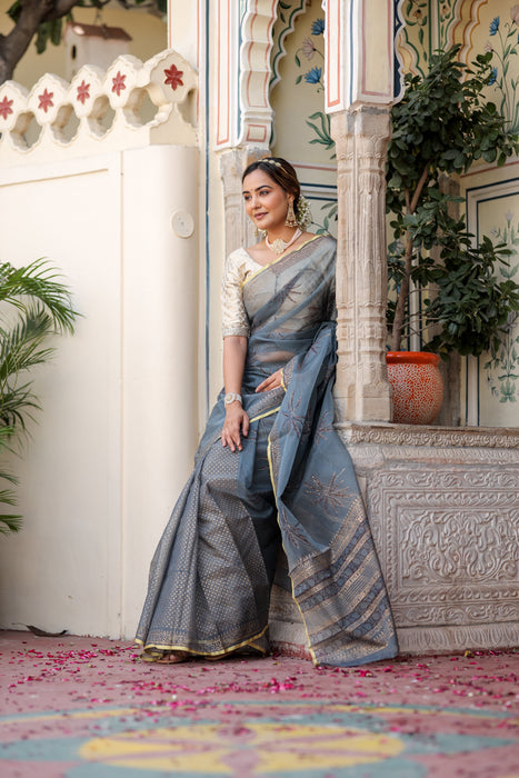 Radiant Foil Blossom Organza Saree (Golden Foil Printed Grey Organza Zari Border Saree)