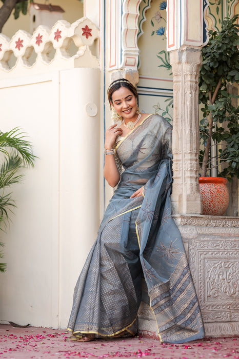 Radiant Foil Blossom Organza Saree (Golden Foil Printed Grey Organza Zari Border Saree)