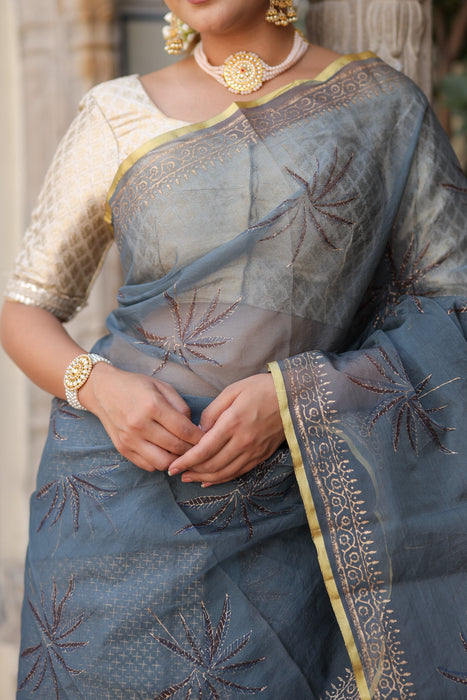 Radiant Foil Blossom Organza Saree (Golden Foil Printed Grey Organza Zari Border Saree)