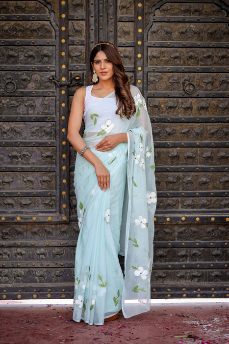 Blue Horizon (Handpainted Chiffon Saree)