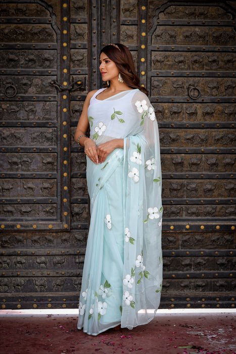 Blue Horizon (Handpainted Chiffon Saree)