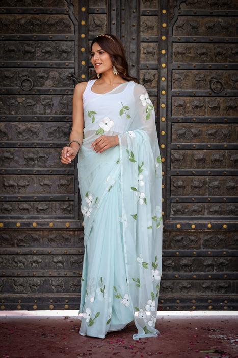 Blue Horizon (Handpainted Chiffon Saree)