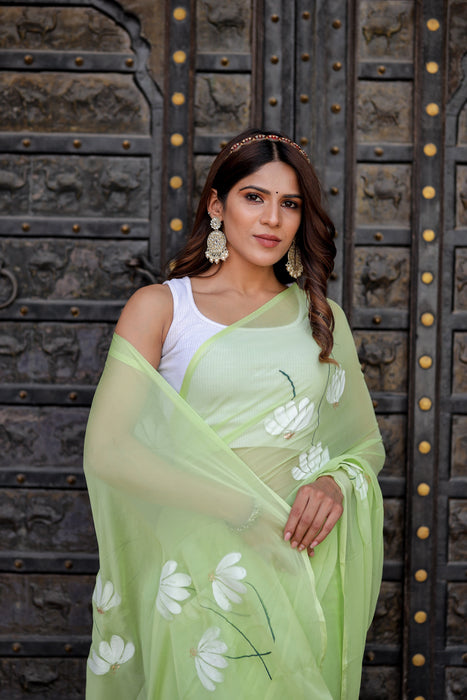 Canvas Charm (Hand Painted Chiffon Green Saree)