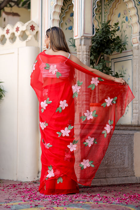 Scarlet Artistry (Handpainted Red Chiffon Saree)