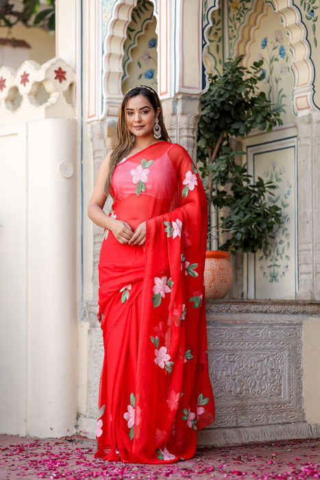 Scarlet Artistry (Handpainted Red Chiffon Saree)