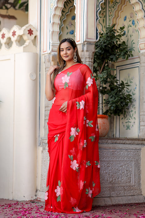 Scarlet Artistry (Handpainted Red Chiffon Saree)