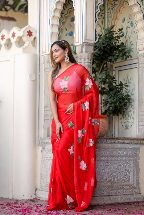 Scarlet Artistry (Handpainted Red Chiffon Saree)