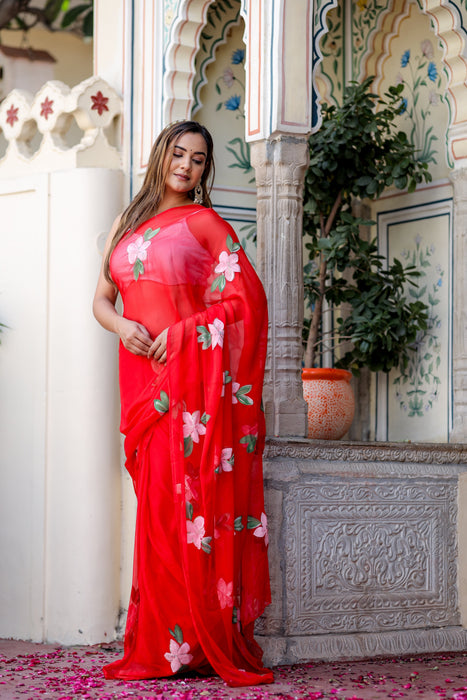 Scarlet Artistry (Handpainted Red Chiffon Saree)