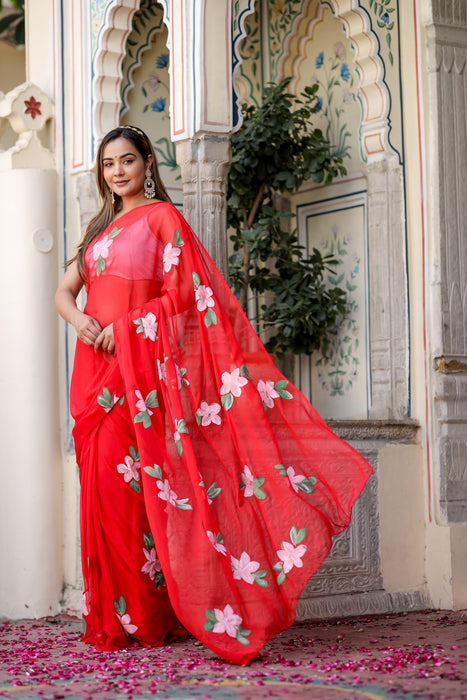 Scarlet Artistry (Handpainted Red Chiffon Saree)