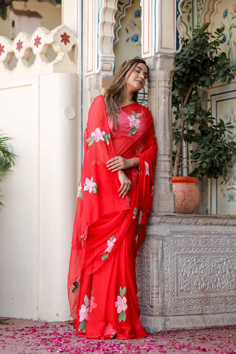 Scarlet Artistry (Handpainted Red Chiffon Saree)