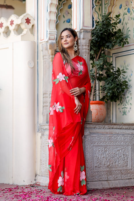 Scarlet Artistry (Handpainted Red Chiffon Saree)