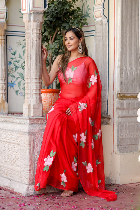 Scarlet Artistry (Handpainted Red Chiffon Saree)