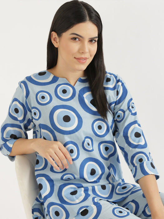 Notched Neck Blue Evil Eye Co-ord Set-CK-BLUEEVILEYENOTCHED