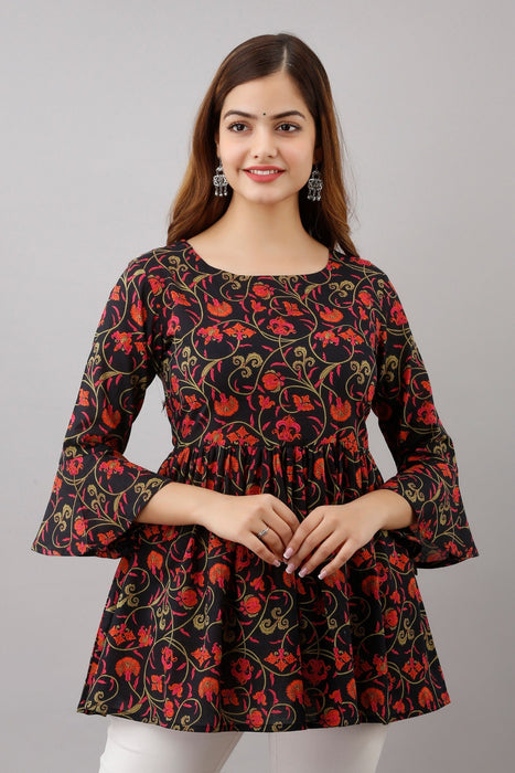 Women's Pure Cotton Printed Hip Length Formal Tops KRT005BLACK