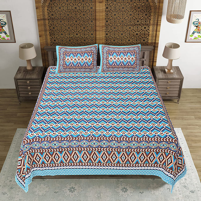 Jaipuri Print Cotton king 90 by 108 Floral Bedsheet with two big size pillow cover BS-10 Blue