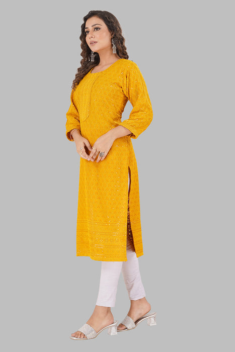 Rayon Chikan sequence work Kurti-NMK-MUSTARD