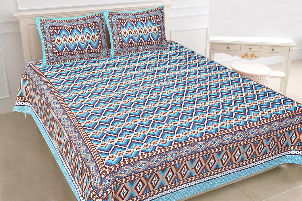 Jaipuri Print Cotton king 90 by 108 Floral Bedsheet with two big size pillow cover BS-10 Blue