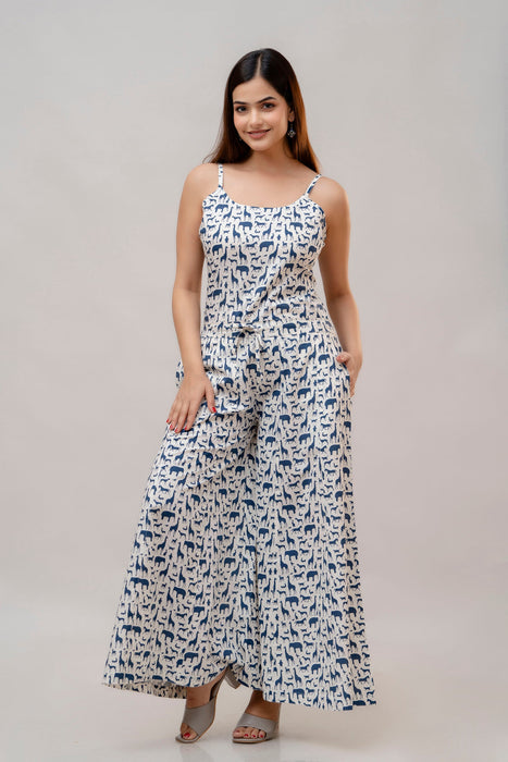 Cotton Sleeveless White and Blue Animal Print Co-ord Set