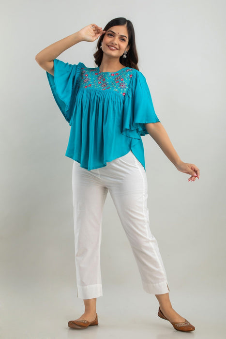 Women's Rayon embroidered Hip Length Formal Tops KRT019TURQUOISE