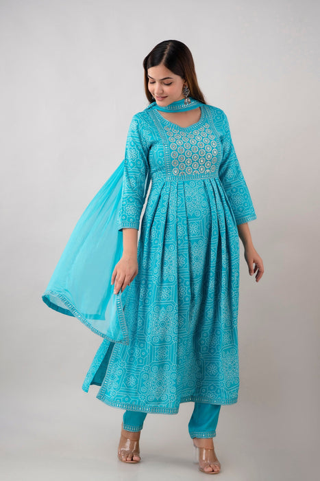 Traditional Zari Embroidery Work A-Line Kurta With Trouser & Dupatta - KR3004TURQUOISE