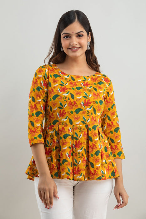 Women's Pure Cotton Printed Hip Length Formal Tops KRT023YELLOW