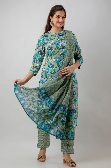 Traditional Zari Embroidery Work A-Line Kurta With Trouser & Dupatta - KR3002GREEN