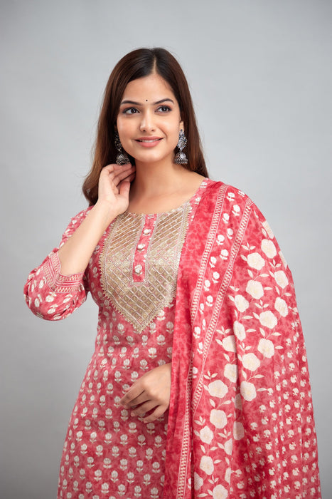 Traditional Zari Embroidery Work A-Line Kurta With Trouser & Dupatta - KR3011PINK