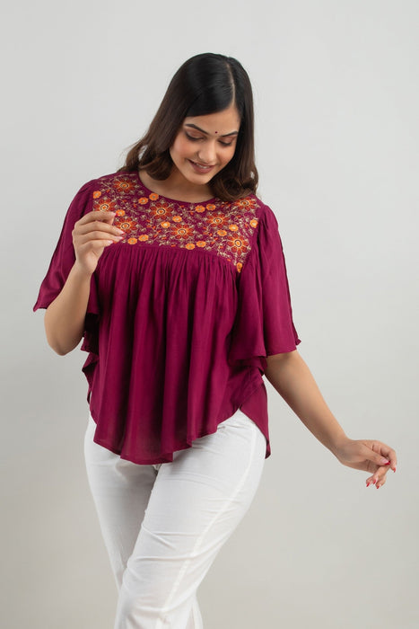 Women's Rayon embroidered Hip Length Formal Tops KRT019WINE