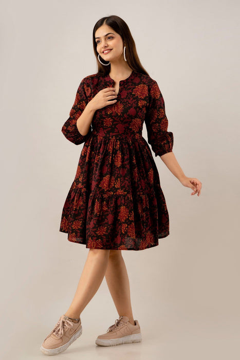 Women's Pure Cotton Designer Printed Dress-(Maroon)-DR4006MAROON