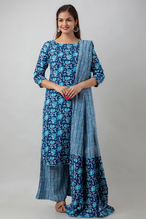 Traditional Zari Embroidery Work A-Line Kurta With Trouser & Dupatta - KR3003BLUE