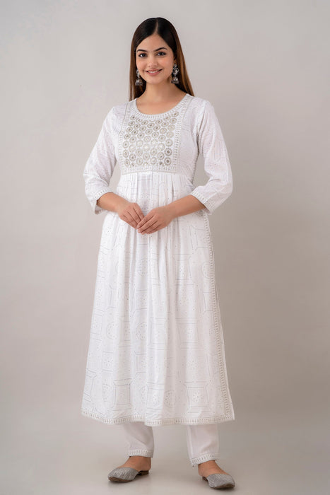 Traditional Zari Embroidery Work A-Line Kurta With Trouser & Dupatta - KR3004WHITE